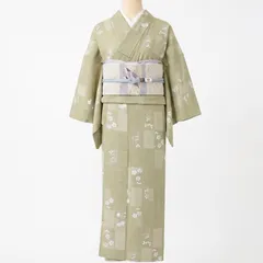 着物 小紋 シルック 夏着物 絽小紋 洗える着物 うぐいす色 市松 桔梗 萩 なでしこ Ho-005のサムネイル