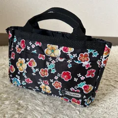 美品　LeSportsac レスポートサックポーチ　トートバッグ　ミニ　コンパクト　花柄　総柄　ミニハンドバッグ　お散歩バッグ　軽量　人気　ミニ　ブラック×花柄　マチあり　マルチカラー　フラワー　ボタニカル　植物
