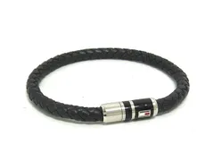 ■美品■ TOMMY HILFIGER トミーヒルフィガー レザー ブレスレット バングル アクセサリー メンズ ブラック系×シルバー系 DM9147のサムネイル