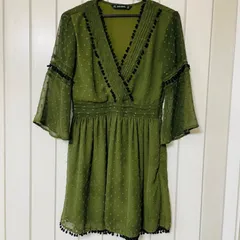 C-06　ZARA BASIC　シフォンミニドレス　チュニック　ワンピース　Sサイズ　カーキ系　飾り　ドット柄　ぽつぽつ　シアー　フレア　七分　春　夏　シフォン 総柄