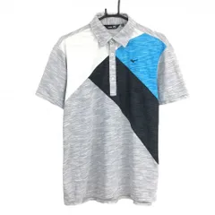 【超美品】ミズノゴルフ 半袖ポロシャツ 杢グレー×黒×ブルー ロゴ刺しゅう メンズ 2XL ゴルフウェア 大きいサイズ MIZUNO