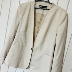 C-08　ZARA　ノーカラージャケット　ベージュ　サイズ42　ピンクライン　ビジネス　フォーマル
