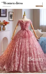 ピンク ロングドレス レディース オフショルダー ノースリーブ リボン ロング丈 ボリューム チュール感 ふんわり 写真映え 花嫁 二次会 前撮り 旅撮影 テーマ撮影 記念撮影 イベント パーティー ブライダル フォーマル 発表会 演奏会 ドレス ワンピース