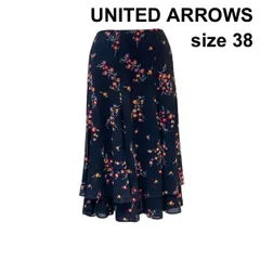◇ ユナイテッドアローズ UNITED ARROWS フレアスカート ひざ丈 花柄プリント 総柄 シアー 裏地あり 紺地 38 M 9号 レディース Z6B708