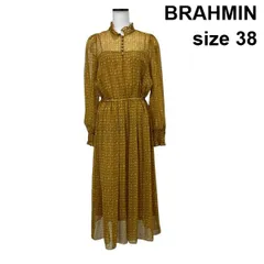 □ ブラーミン BRAHMIN シアーワンピース ロング丈 長袖 鳥柄 総柄 クルミボタン 黄土色 38 M 9号 レディース S6D518のサムネイル