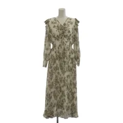 トッコ TOCCO リボン&パール付きラッフルフリルフラワープリントプリーツワンピース M 白 ホワイト 灰色 グレー  長袖 ロング丈 /AG ■OS