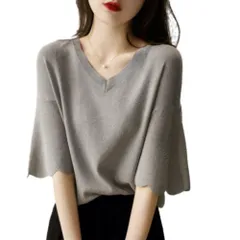 【数量限定】[YAYUPLUS] サマーニット レディース ニット Tシャツ カットソー 半袖 Vネック フレア袖 トップス 半袖ニット シンプル 涼しい 無地 冷房対策 きれいめ オフィス カジュアル 20代 30代 40代