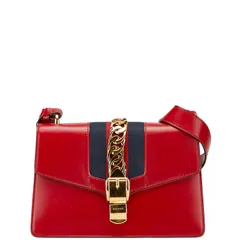グッチ シルヴィ ショルダーバッグ 421882 レッド ネイビー レザー レディース GUCCI【1-0228564】