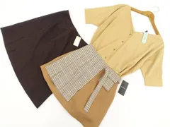 \2,880入り新品コーデ3点セット RAZIEL等 五分袖ブラウス+ひざ丈＆ミニ丈台形スカート L相当 ベージュ 茶 茶＆白茶黒オレンジ チェック きれいめ系 20・30代