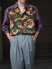 アトミック柄 × ストライプ とろみ 長袖シャツ ボックスカット 80s 90s VINTAGE - アトミック柄 × ストライプ とろみ 長袖シャツ ボックス
