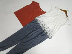 Bobson等 半袖カットソー2点+ストレートパンツ コーデ3点セット L相当 白地＆白黒 花柄 赤茶 花柄 青 フェミニン・ナチュラル系 20代〜50代