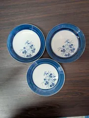 丸皿　菊模様　青　３枚組　備前焼萬泉窯　昭和レトロ