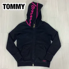 【希少】【良好】TOMMY トミー フードロゴ ジップアップパーカー フルジップ ブラック 黒 裏地パイル 着丈58cm 肩幅37cm 身幅(脇下)46cm 袖丈56.5cm M〜L相当【古着】