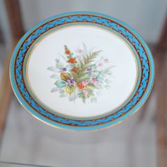 ミントン　ターコイズブルー　植物絵図飾皿　エナメル七宝金彩装飾　プレート　大皿 ミントン ターコイズブルー 植物絵図飾皿 エナメル七宝金彩装飾