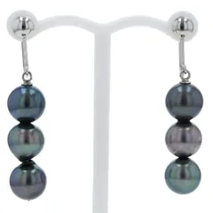 Pt900 プラチナ イヤリング ブラックパール 着色処理黒真珠 7.1mm 3連 トリプル スイング【新品仕上済】【zz】【中古】