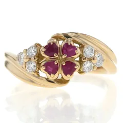 K18YG イエローゴールド リング ルビー 0.32ct ダイヤモンド 0.30ct フラワー クローバー ウェーブ 指輪 12号【新品仕上済】【zz】【中古】