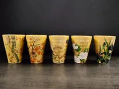 V012 セラミック藍 香琳 フリーカップ 5客 セット 木箱入 和食器 湯呑み コップ 四季 草花 状態A 箱スレキズ有 Ceramic Ai Korin Free Cup Set of 5 Floral Pattern Wooden Box