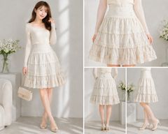 FOXEY 40 フレアワンピース プリーツ ベージュ レース フォクシー