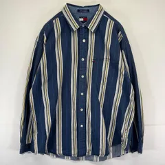 古着 90's/90年代 トミージーンズ TOMMY JEANS 長袖シャツ 胸ポケット 大きいサイズ XL  ネイビー系 ストライプ メンズ