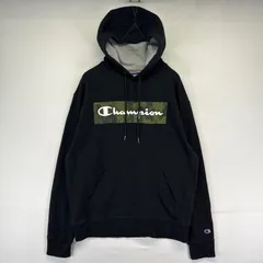 古着 チャンピオン Champion パーカー プルオーバー プリントロゴ スウェット 袖ワンポイント M  ブラック系 メンズ