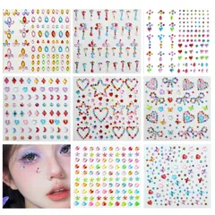 【特価商品】ラインストーン シール 顔シール メイク ステッカー 子供 キラキラ カラフル 星 ハート リボン 貼り付け可能 ダンス DIY用品 コンサート 8枚