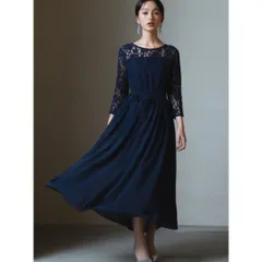 DRESS PLUS フォーマル ワンピース パーティードレス M ネイビー 紺 レース シフォン Aライン 七分袖 リボンベルト付き ウエスト切替 上品 きれいめ 結婚式 二次会 お呼ばれ セレモニー 発表会 食事会 レディース 体型カバー 高級 プレゼント