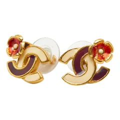シャネル ココマーク カメリア フラワー ピアス ゴールド ボルドー レッド メッキ エナメル レディース CHANEL【1-0267587】