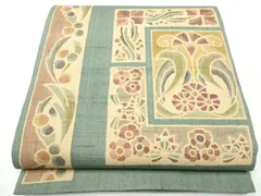 平和屋着物●六通柄袋帯　生紬　型染め　草花文　正絹　逸品　CABF5224hy
