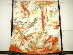 アンティーク振袖 五つ紋 牡丹松梅扇絵／うす茶系《き486》#江戸小もー 