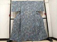 3402 青灰 絽 小紋 着物 正絹 笹 竹 - メルカリ