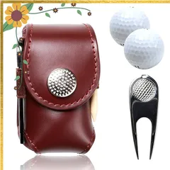 SORIOKI ゴルフボールケース 本牛革製 【4点セット】ボール2個 付属 グリーンフォーク マーカー ボールポーチ (茶色) コンパクト