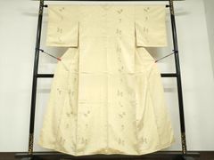 長尺□夏着物□絽◇涼感小紋□重ね丸文に花模様□淡い黄色◇正絹着物 