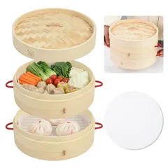 【在庫処分】OTraki 竹せいろ 直径22cm 2段セット 蒸し器セット  本体2個・蓋1個 天然竹製 蒸籠 専用シート4枚 ブラシ付き せいろ蒸し器 業務用 家庭用 蒸し料理対応 中華点心 饅頭 野菜 小龍包 魚料理用 22x22x14cm