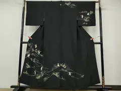 平和屋着物●訪問着　駒刺繍　兎　草花文　黒地　金彩　正絹　逸品　CABF3361ut