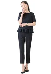 [ELENA] エレナ レディース 洗える スーツ 2点セット ペプラムトップス 半袖 テーパードパンツ 防シワ ママ 通勤 ビジネス オフィスカジュアル OL (210538)t 578fd491