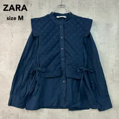 ZARA ザラ 完売品 キルティング ベスト レイヤード シャツ ブラウス ネイビー トルコ製 綿100% コットン 2way 異素材 ドッキング スタンドカラー バンドカラー サイドリボン ティアード フリル チュニック トップス Ｍサイズ ★ ■◇