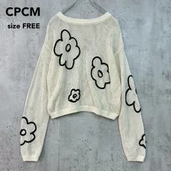 CPCM シーピーシーエム 花柄 フラワー 刺繍 かぎ針編み メッシュ ニット セーター プルオーバー アイボリー クロシェ編み 透け感 シアー クルーネック ボリューム袖 バルーンスリーブ ドロップショルダー Fサイズ ゆったり 総柄 ★ ■◆