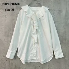ROPE PICNIC ロペピクニック ラッフル フリル カラー ブラウス シャツ ホワイト 白 ビックカラー 襟付き リボン タイ 無地 前開き 羽織り チュニック トップス 38サイズ ストレッチ オフィスカジュアル きれいめ ★ ■◇
