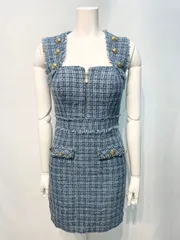 1998 an アン キャバクラ ドレス ツイード ラメ タイト ミニ ノースリーブ ゴールドジップ キラキラ キャバドレス S