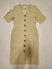 Vネック ボタン 半袖 リネン ONE PIECE