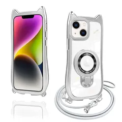 【新品】 iPhone 13 ケース iPhone 14 ケース クリア リング付き 猫耳 ネコミミ TPU MagSafe対応 ワイヤレス充電 iphone 14 カバー 透明 アイフォン13 スマホケース ネック ショルダー 肩掛け 首掛け 斜めがけ  1