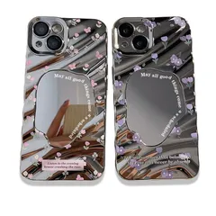 【新品】 iphone14 用 ケース 花柄 鏡 ウェーブ レーザー電着 フラワーケース 花 フローラル 韓国 ミラー付き 人気 女子 アイフォン14 スマホケース