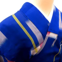 夏着物 昔 夏物 アンティーク 青×グレー白赤黄 格子 絣 昔着物 バチ衿 正絹 昔きもの レトロ 明治・大正ロマン サイズ小さめ  身丈143cm