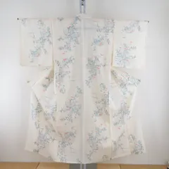 夏着物 クリーム色ｘ水色 籠目に秋草花模様 絽 バチ衿 小柄サイズ 夏用 仕立て上がり 身丈147cm