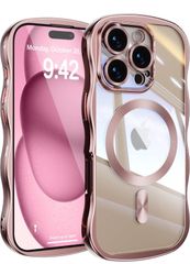 UEEBAI 대응 iPhone 16 Pro용 케이스 반투명 TPU 전기 도금 가공 웨이브 디자인 스마트폰 케이스 MagSafe 대응 클리어 귀여운 인기 세련된 케이스 얇고 경량 내충격 전동 파형 범퍼 스마트폰 케이스 - 핑크