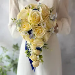 黄色×ブルーキャスケードブーケ☆ブートニア