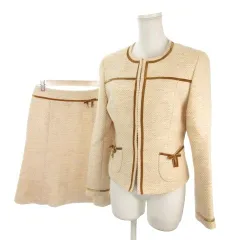 クレージュ courreges スカートスーツ セットアップ ツイード 9AR64 ピンク 長袖 ノーカラー パイピング リボン飾り /MN46 ■ECB003のサムネイル