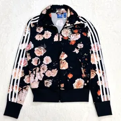 y2k adidas originals アディダスオリジナルス　花柄ジャージ XS トラックジャケット ブラック 薔薇 総柄 レディース コンパクト ショート丈 スリムシルエット トレフォイルロゴ 3本ライン おしゃれ  スポーツミックス