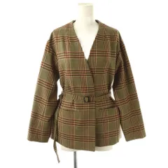 ナノユニバース nano universe クラシックチェックノーラペルベルテッドジャケット ノーカラー アウター 38 カーキ 赤 黒 /NR ■OS