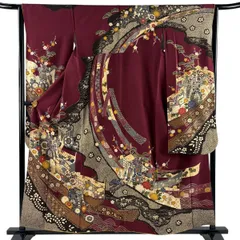 振袖 身丈157.5cm 裄丈64cm M 袷 御所車 松竹梅 金糸 金彩 えんじ色 正絹 秀品 【中古】